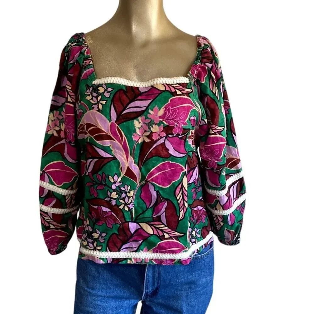 Cynthia Rowley 100% Linen Floral Blouse M Square Neck Crochet Trim Green Pink